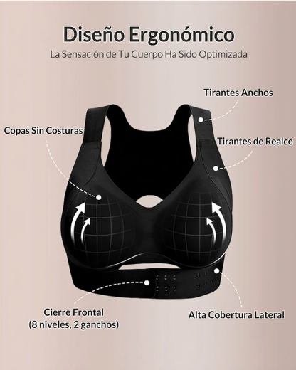 Sujetador con espalda cruzada y cierre frontal, sin aros, para soporte postural.