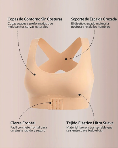 Sujetador con espalda cruzada y cierre frontal, sin aros, para soporte postural.