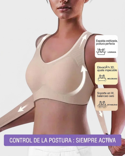 Sujetador con espalda cruzada y cierre frontal, sin aros, para soporte postural.