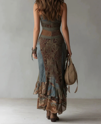 María | Vestido largo asimétrico con estampado y abertura lateral