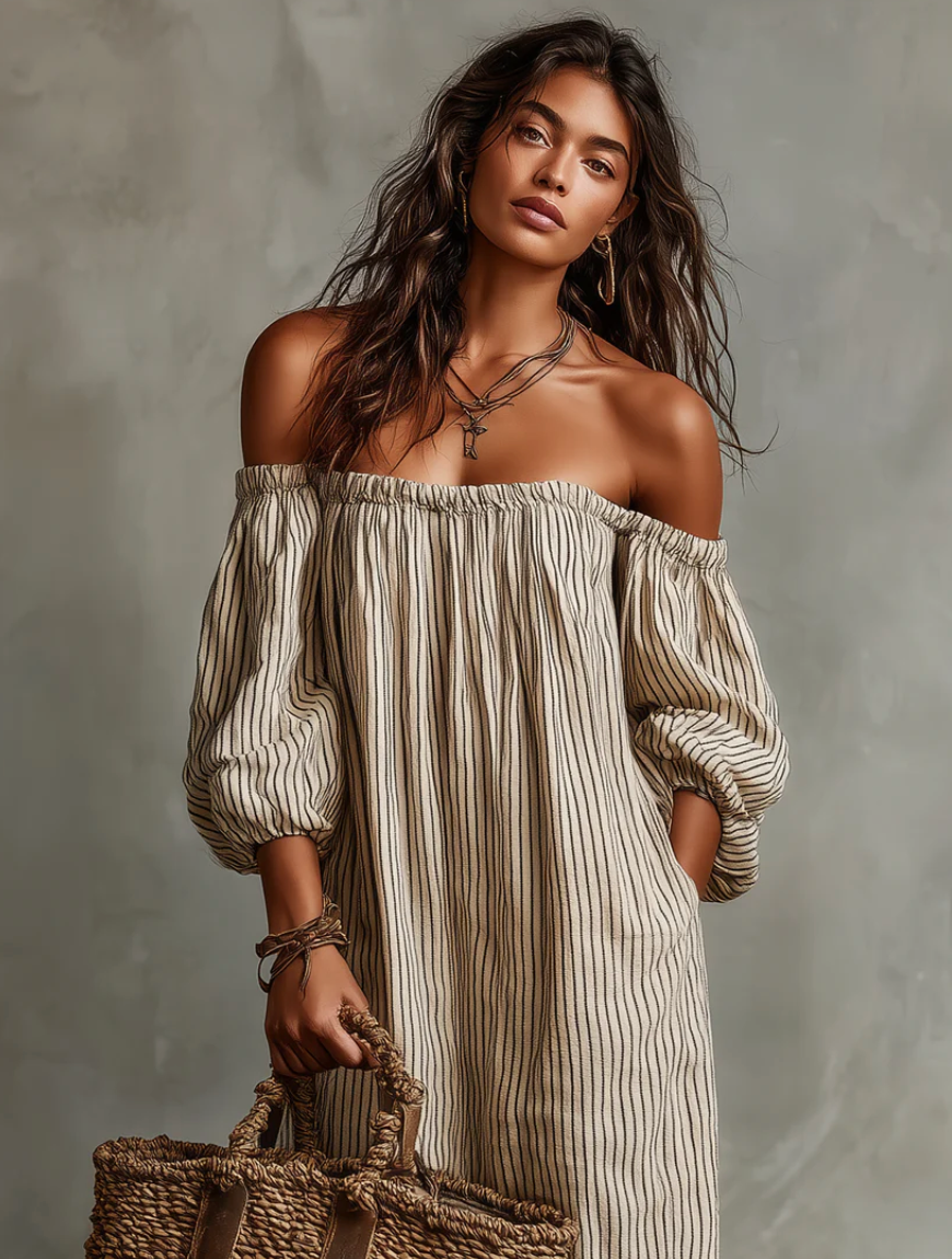 Carmen | Vestido de lino y algodón con hombros descubiertos
