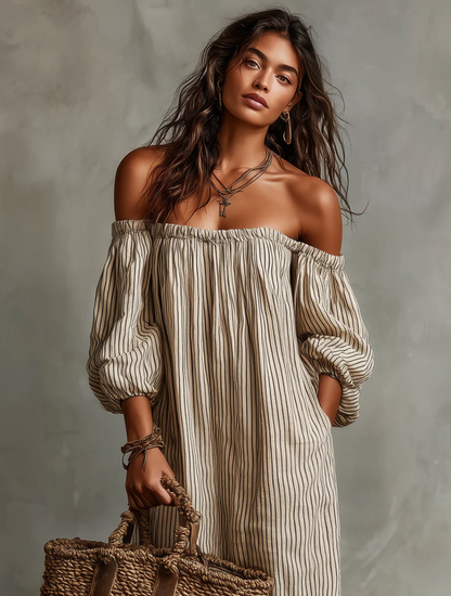 Carmen | Vestido de lino y algodón con hombros descubiertos