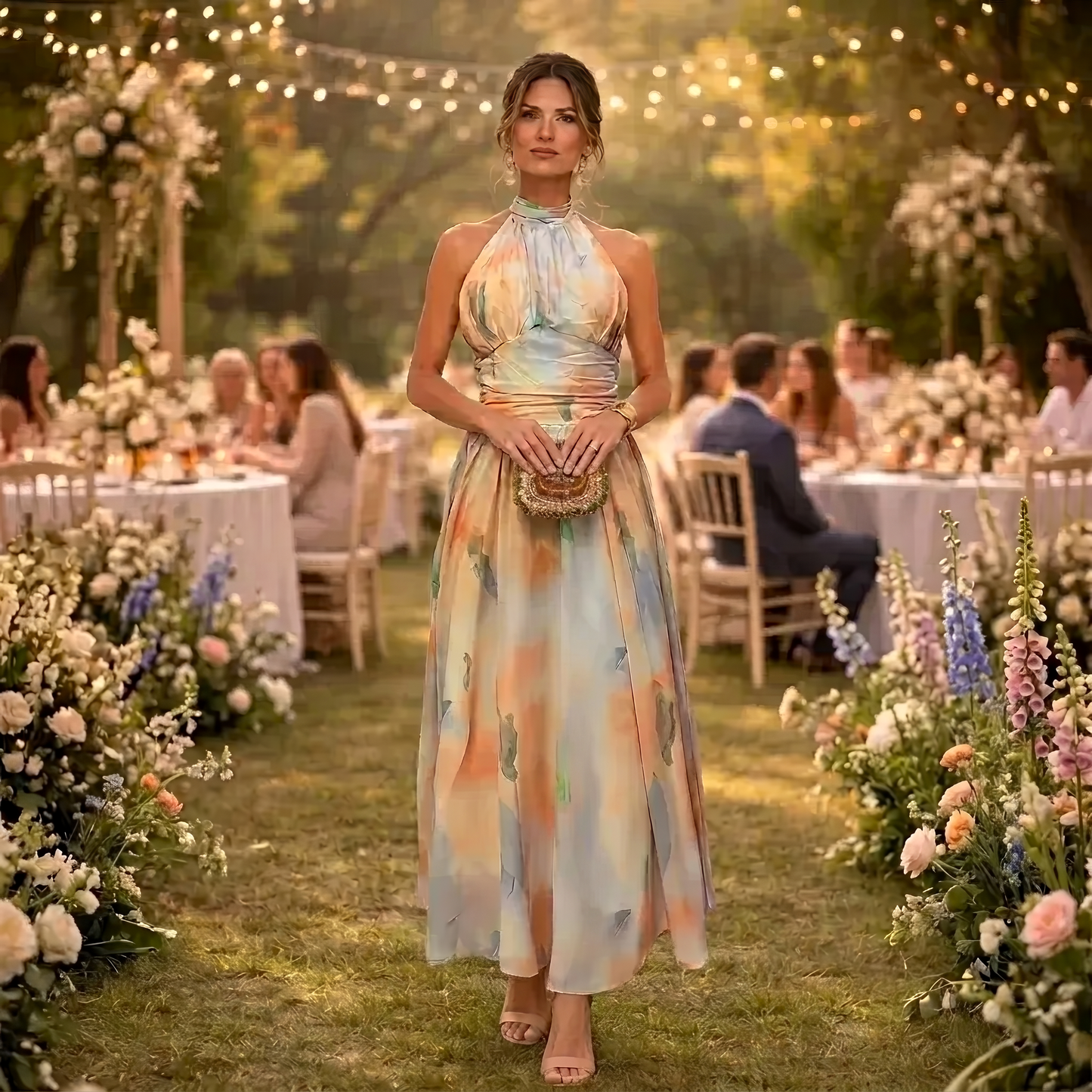 Paula | Vestido de Cuello Halter con Estampado de Acuarela