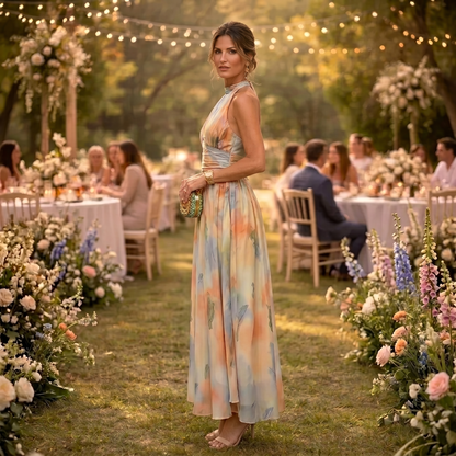Paula | Vestido de Cuello Halter con Estampado de Acuarela