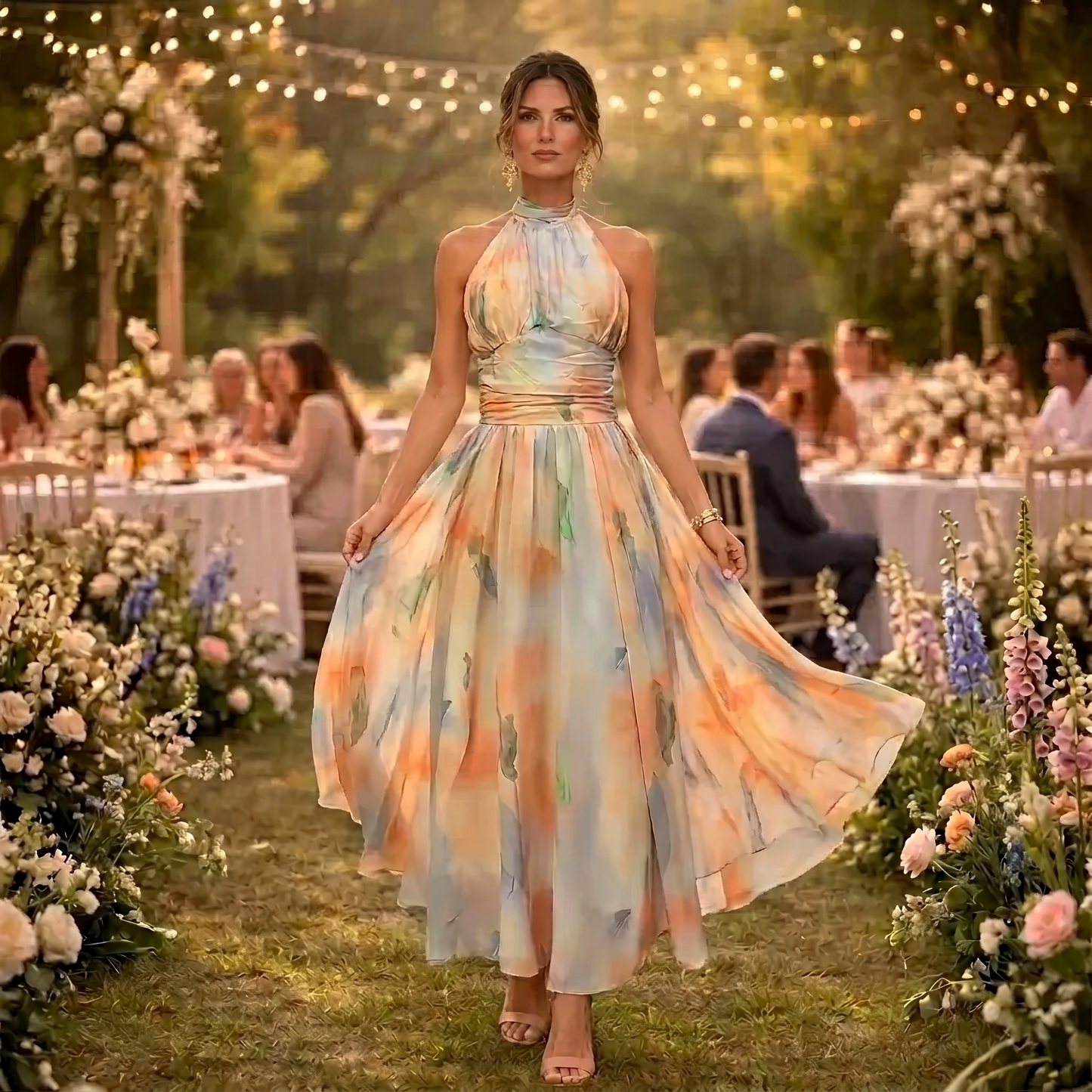 Paula | Vestido de Cuello Halter con Estampado de Acuarela