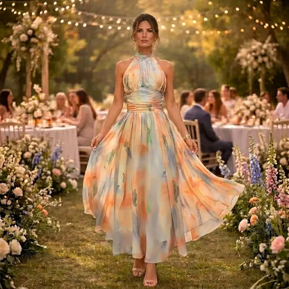 Paula | Vestido de Cuello Halter con Estampado de Acuarela